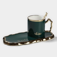 Чайная пара керамическая &laquo;Роскошь&raquo;, 3 предмета: кружка 250 мл, блюдце 23,5&times;13 см, ложка, цвет зелёный