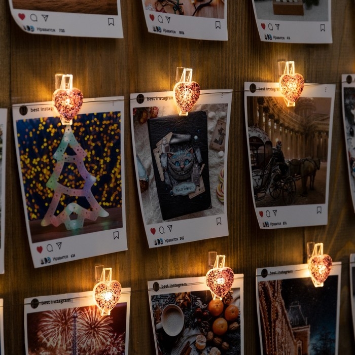 Гирлянда &laquo;Нить&raquo; 2 м роса с насадками &laquo;Прищепки-сердечко&raquo;, IP20, серебристая нить, 20 LED, батарейки ААх2 (не в комплекте), свечение тёплое белое