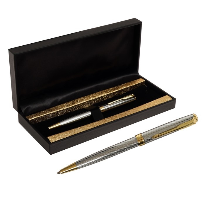 Ручка подарочная шариковая, в кожзам футляре, поворотная, ПБ S, корпус серебро/золото Ручка подарочная шариковая, в кожзам футляре, поворотная, ПБ S, корпус серебро/золото