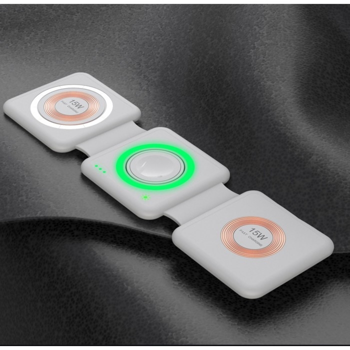 Беспроводная зарядка 3 в 1 H39, 15 W, подсветка, поддержка MagSafe, складная, стекло, белая Беспроводная зарядка 3 в 1 H39, 15 W, подсветка, поддержка MagSafe, складная, стекло, белая