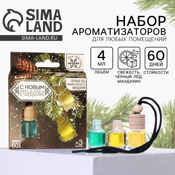 Ароматизаторы в машину &laquo;Крепость и выдержка&raquo;, черный лёд, зимняя свежесть, мандарин (набор 3 шт)