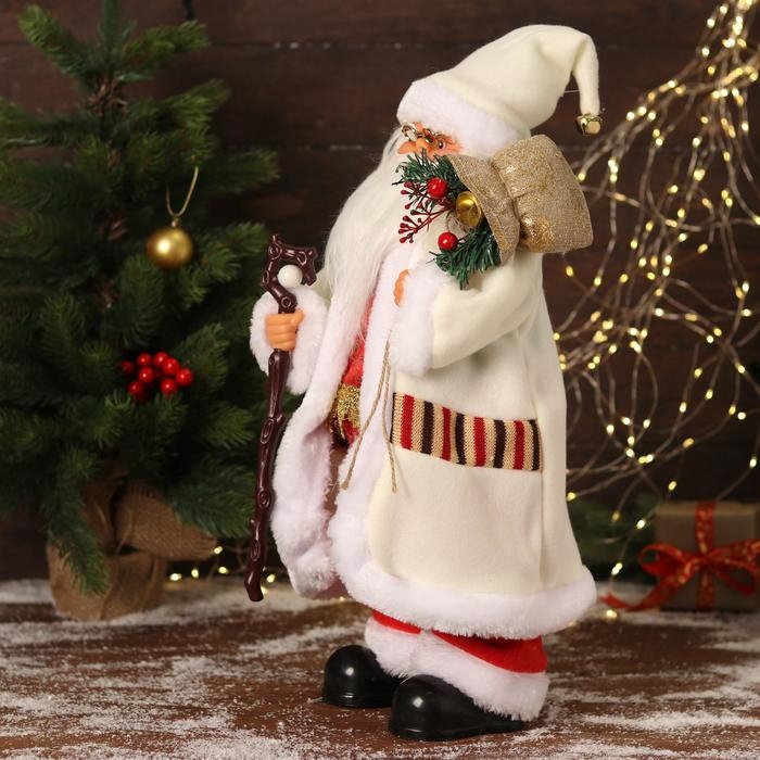 Дед Мороз Дед Мороз "В белом костюмчике с орнаментом, с посохом" двигается, 20х50 см