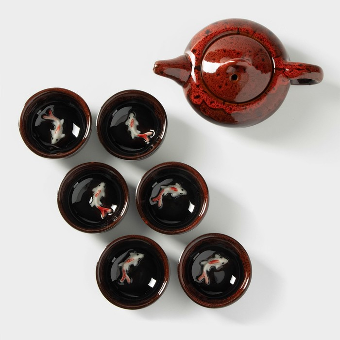 Набор для чайной церемонии керамический &laquo;Лунное озеро&raquo;, 7 предметов: 6 пиал 50 мл, чайник 150 мл, цвет красный