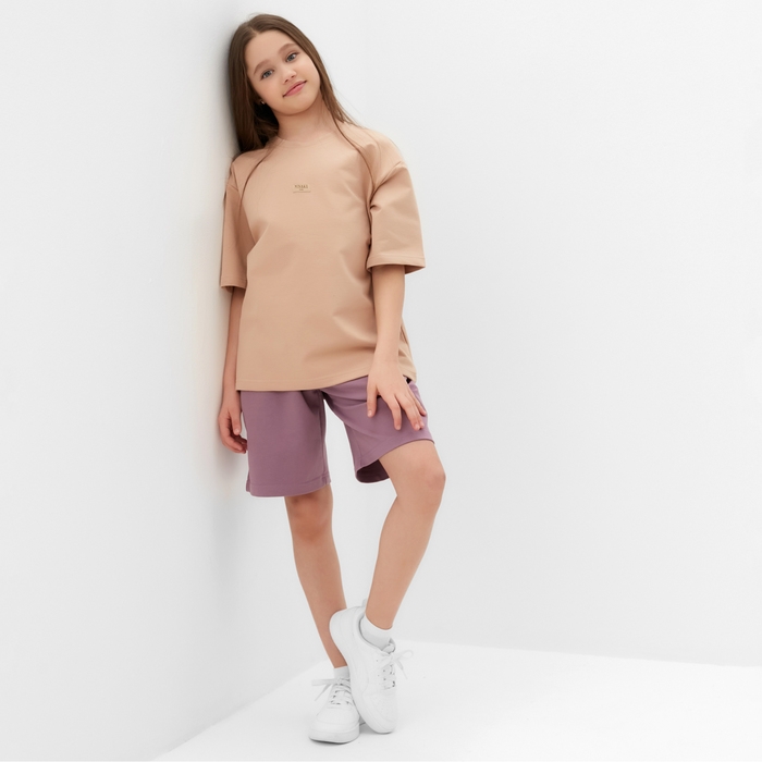 Костюм для девочки (футболка, шорты) MINAKU цвет бежевый/ пыльно-сиреневый, рост 110 см Костюм для девочки (футболка, шорты) MINAKU цвет бежевый/ пыльно-сиреневый, рост 110 см