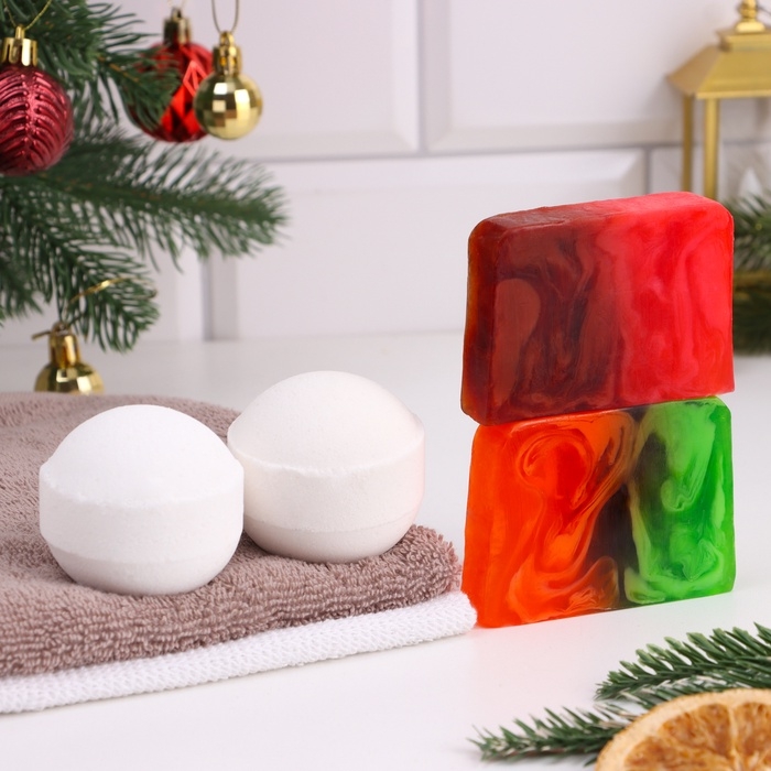 Новый год. Набор 2 бомбочки "Апельсин, Лаванда" и 2 мыла "Мандарин и хвоя, Глинтвейн"