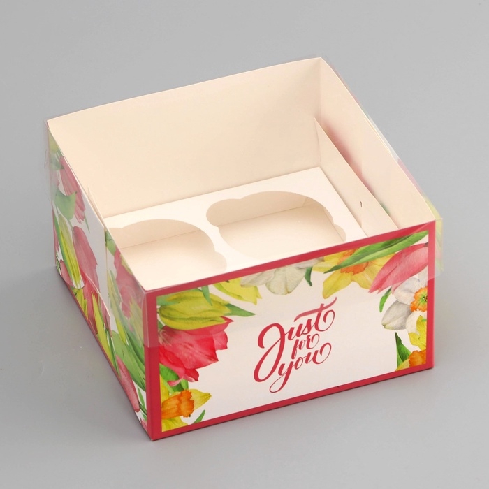 Коробка для 4 капкейка с прозрачной крышкой, Коробка для 4 капкейка с прозрачной крышкой, "Тюльпаны", 16 × 16 × 10 см, кондитерская упаковка