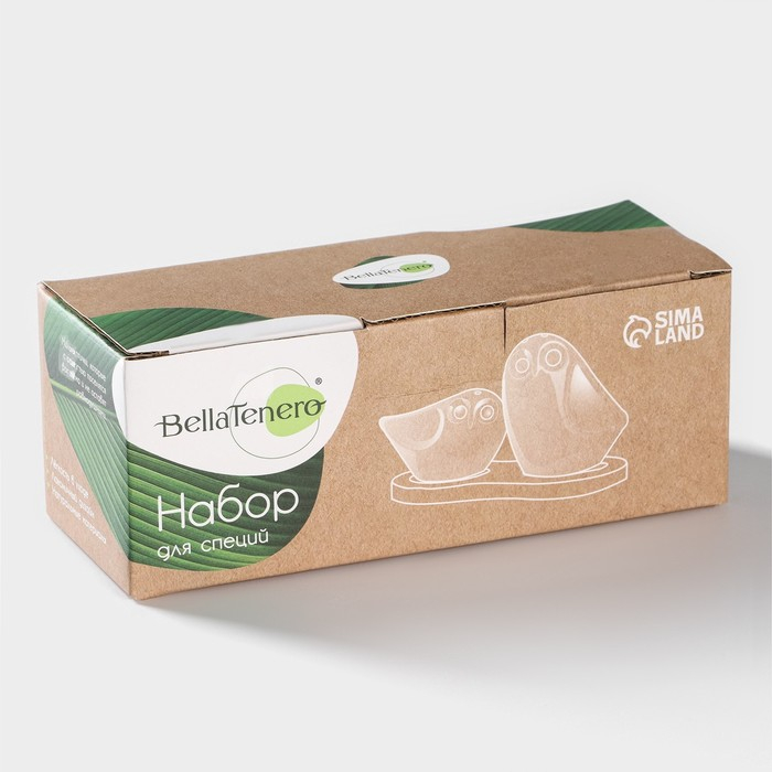 Набор фарфоровый для специй на бамбуковой подставке BellaTenero &laquo;Совы&raquo;, 2 предмета: солонка 100 мл, перечница 130 мл, цвет белый