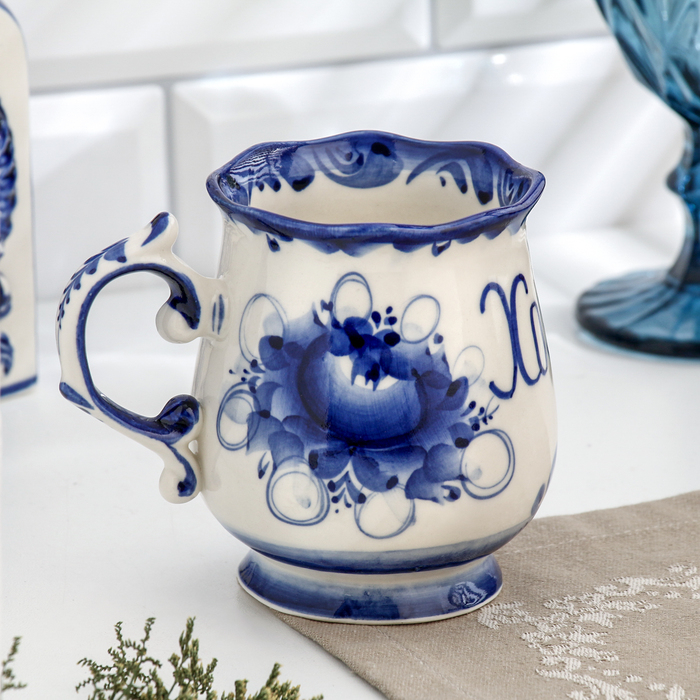 Кружка Кружка "Утро Хозяин", 0,3 л, 11х12 см, гжель, фарфор