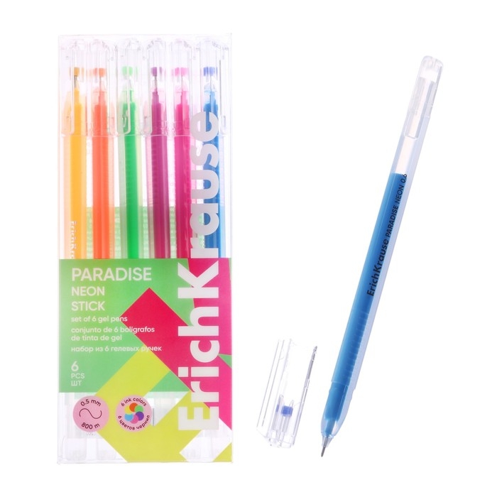 Набор ручек гелевых 6 цветов ErichKrause Набор ручек гелевых 6 цветов ErichKrause "Paradise Stick Neon" игольчатый узел 0.6 мм, неон микс