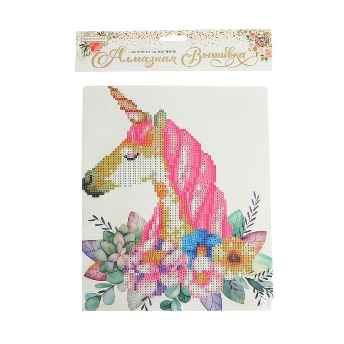 Алмазная вышивка &laquo;Единорог в цветах&raquo;, 21 &times; 25 см, с частичным заполнением, с подставкой