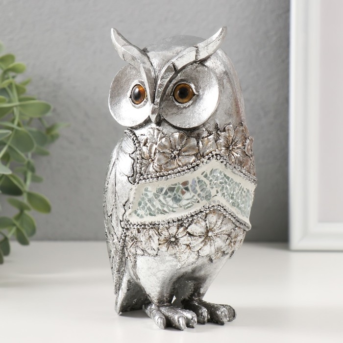Сувенир полистоун "Серебряный филин с цветами" 7,5х7,5х16 см