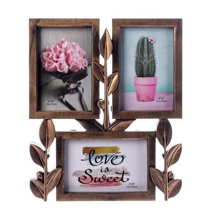 Фоторамка пластик на 3 фото 10х15 см Фоторамка пластик на 3 фото 10х15 см "Росток" тёмное золото 31,5х26х2 см