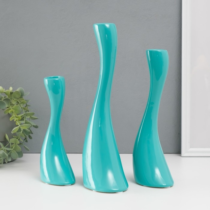 Подсвечник керамика на 1 свечу  "Волна" d=2,5 см, бирюза, набор 3 шт h=20, 25 и 30 см