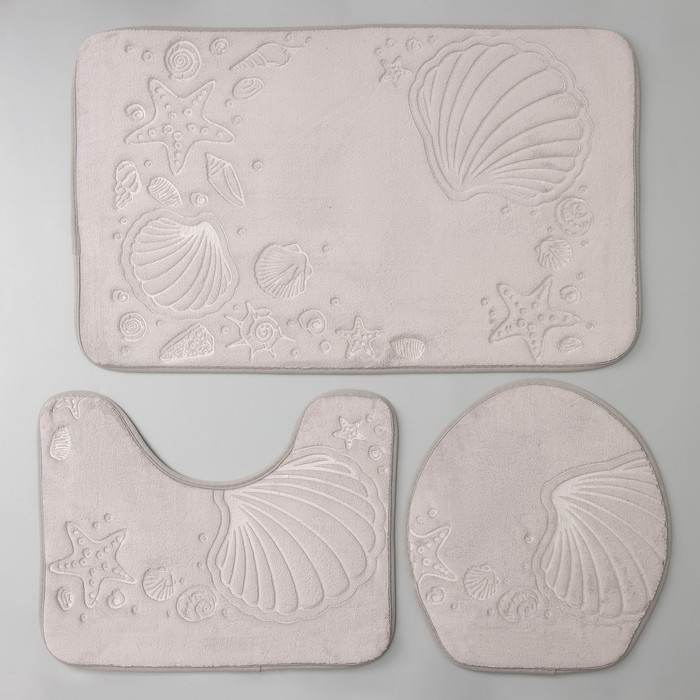 Набор ковриков для ванной и туалета Доляна &laquo;Морское дно&raquo;, 3 шт: 50&times;80, 50&times;40, 38&times;43 см, цвет серый