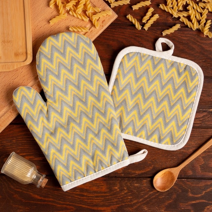 Кухонный набор (2 предмета) Доляна &laquo;Зигзаги&raquo;, прихватка 17х17 см, варежка 26х16 см, 100% п/э