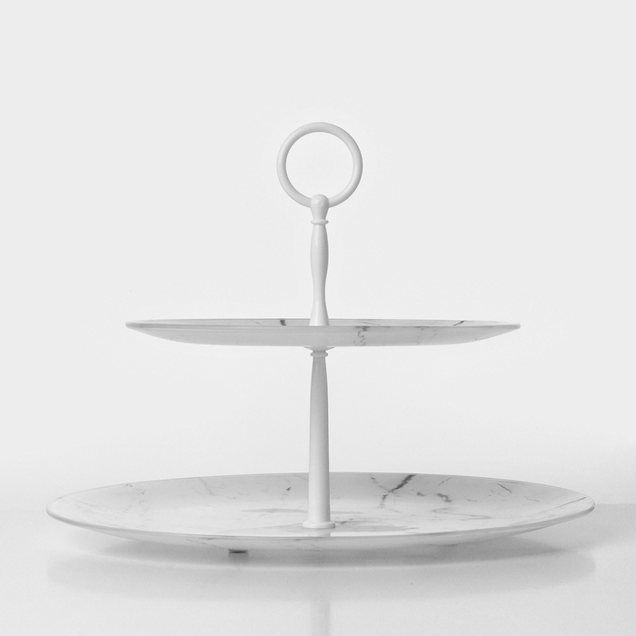 Этажерка-фруктовница стеклянная Доляна &laquo;Мрамор&raquo;, d=21 см, d=30 см, 2 яруса, цвет белый