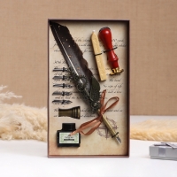 Набор подарочный 5в1 "Стимпанк": перьевая ручка черная, чернила, наконечники, печать, воск