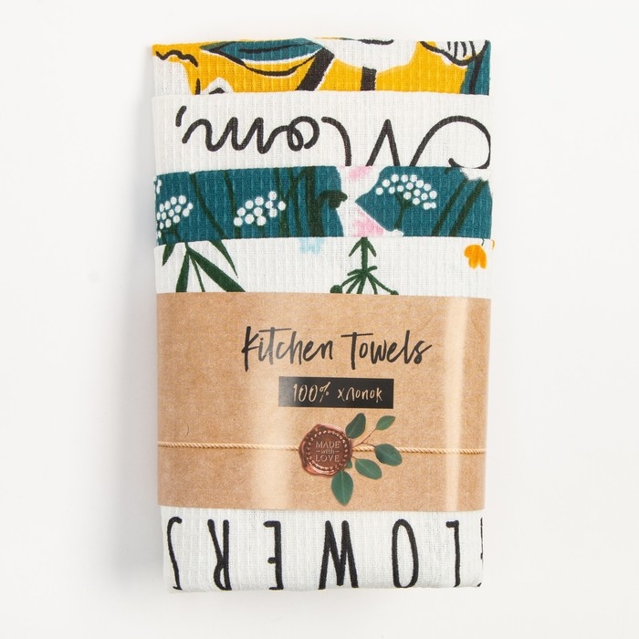 Набор кухонных полотенец Доляна Hello spring 35х60 см -4 шт, 100% хлопок, вафля 160 г/м2