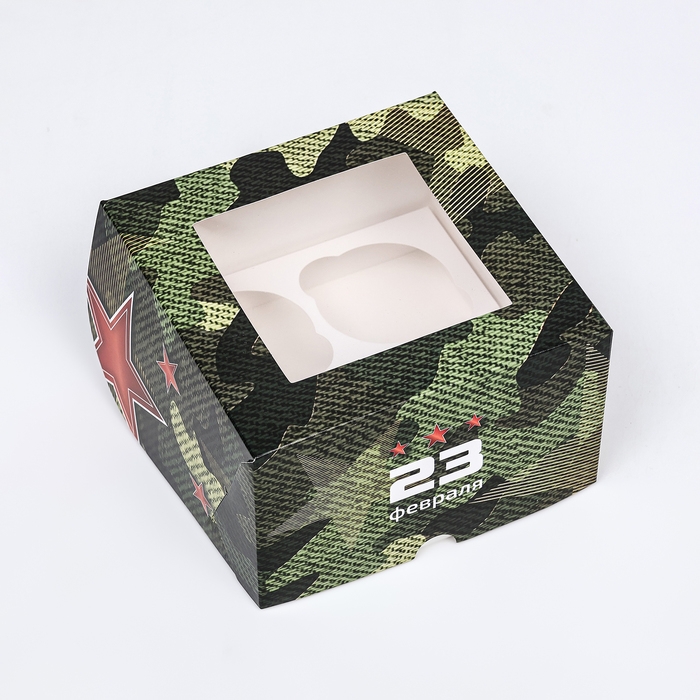 Коробка для 4 капкейков с окном , Коробка для 4 капкейков с окном , "Камуфляж", 16 х 16 х 10 см