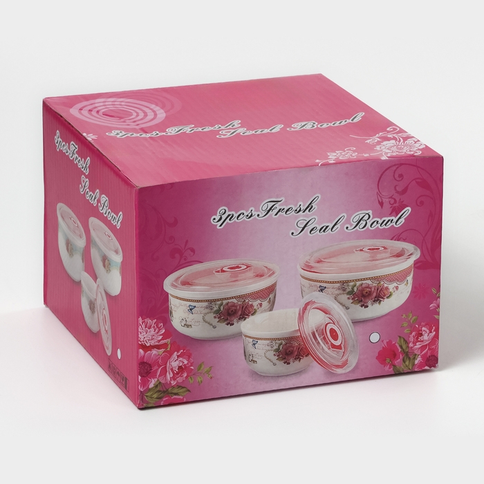 Набор салатников керамических с вакумными крышками &laquo;Ромбики&raquo;, 3 предмета: 300/550/900 мл, цвет белый