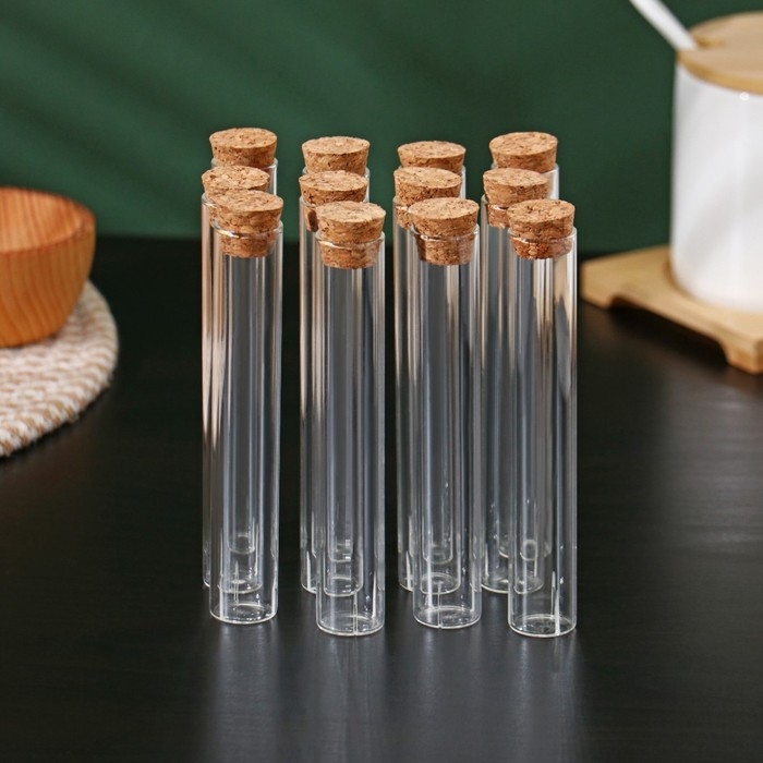 Колба стеклянная для заваривания с пробкой из бамбука &laquo;Алхимия&raquo;, 2&times;12 см, набор, 12 шт