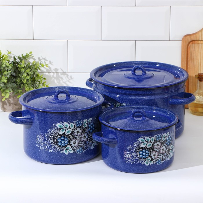 Набор эмалированных кастрюль &laquo;Голубика&raquo;, 3 предмета: 2,9 л, 4,5 л, 7 л, индукция