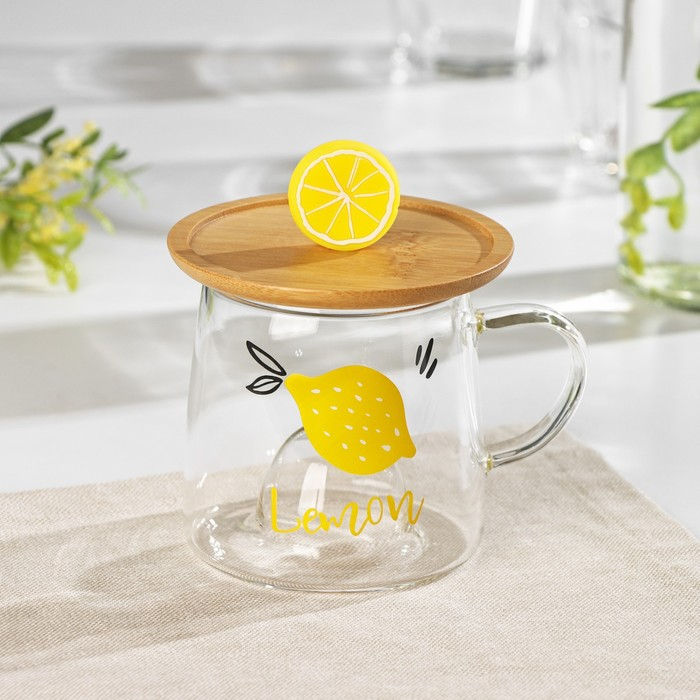 Кружка стеклянная с деревянной крышкой &laquo;Лимончик&raquo;, 350 мл