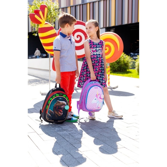 Рюкзак каркасный школьный, 39 х 28 х 18 см, + мешок для обуви, Calligrata П "Крутой дино", зелёный