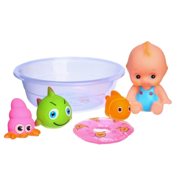 Набор резиновых игрушек для ванны &laquo;Пупс в ванне&raquo;, с пищалкой, 6 шт, цвет МИКС, Крошка Я
