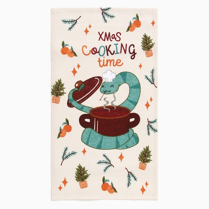 Новый год. Символ года. Змея. Полотенце Доляна "Время готовить" 28х46 см, 100% хл, рогожка 164 г/м2