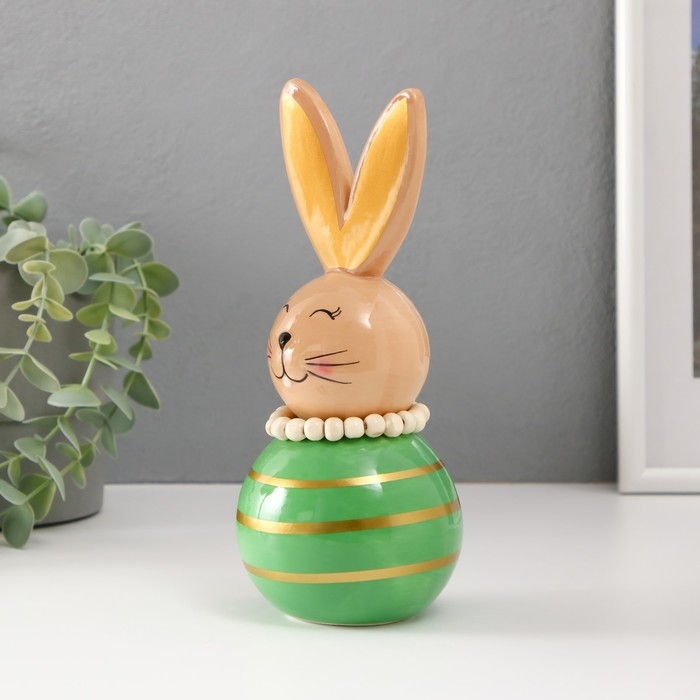 Сувенир керамика Сувенир керамика "Зайка-неваляшка с полосками" бежево-зелёный 8,5х8,5х20 см