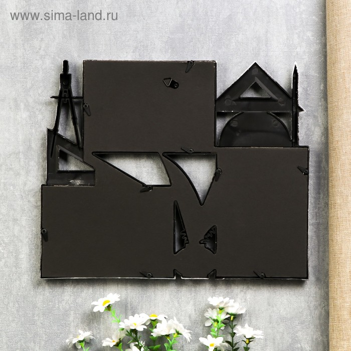 Фоторамка пластик на 3 фото 10х15 см Фоторамка пластик на 3 фото 10х15 см "Линейки и циркуль" серебро с белым 28х34х3 см