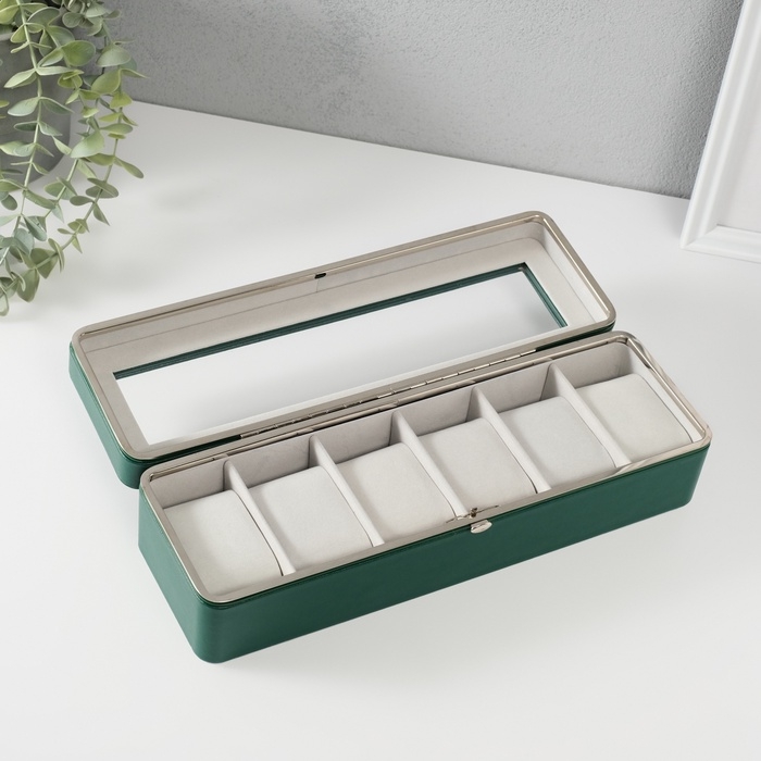 Шкатулка кожзам под часы 6 отделений "Зелёная" 9,5х30,5х8 см