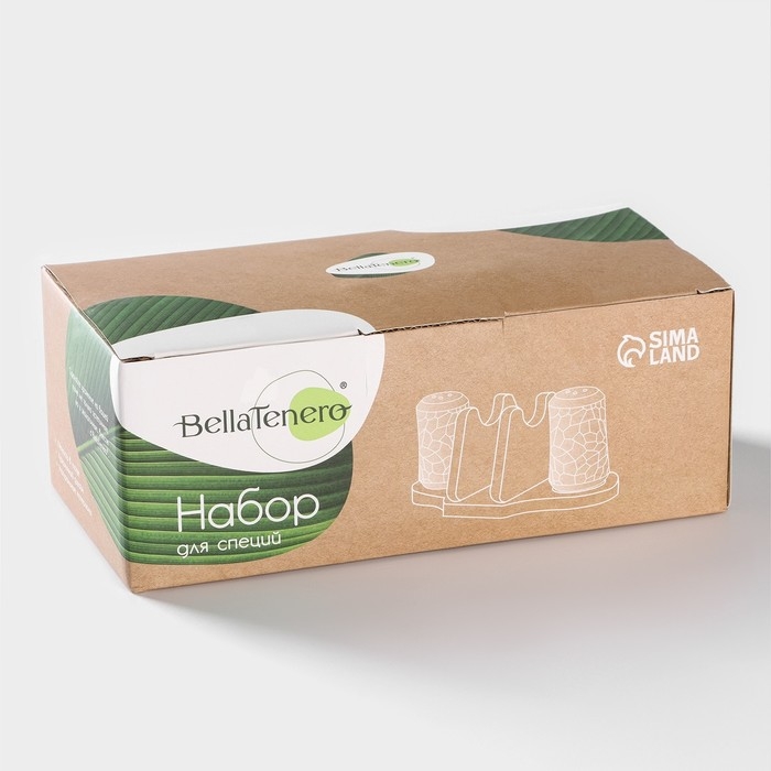 Набор фарфоровый для специй на бамбуковой подставке BellaTenero, 3 предмета: солонка 100 мл, перечница 100 мл, салфетница, цвет белый Набор фарфоровый для специй на бамбуковой подставке BellaTenero, 3 предмета: солонка 100 мл, перечница 100 мл, салфетница, цвет белый