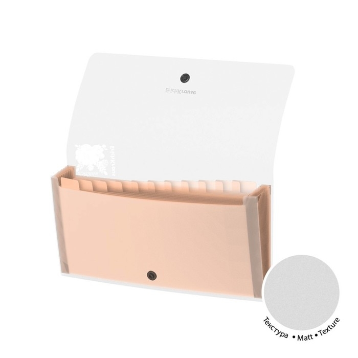 Папка-картотека, 260 х 138 мм (Travel), 12 отделений, 550 мкм, ErichKrause Папка-картотека, 260 х 138 мм (Travel), 12 отделений, 550 мкм, ErichKrause "Matt Pastel Bloom", на кнопке, тиснение "песок", микс