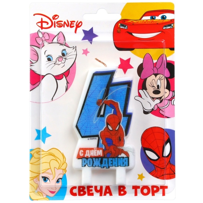 Свеча в торт цифра 4 Свеча в торт цифра 4 "С Днем рождения", Человек-паук, 8,5×5 см