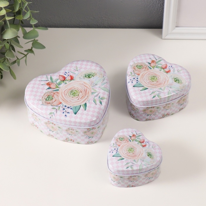 Шкатулка металл сердце Шкатулка металл сердце "Нежность цветов" набор 3 шт 10,5х12,6х5 см