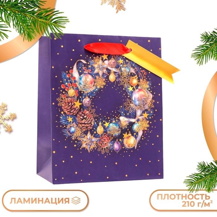 Новый год. Пакет подарочный Новый год. Пакет подарочный "Праздничный венок", 18 х 22,3 х 10 см.