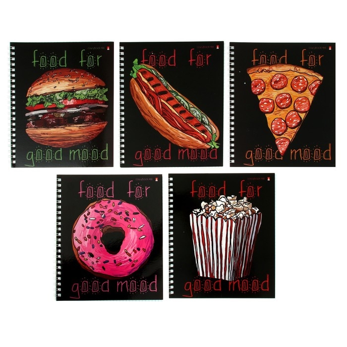 Тетрадь А5+, 48 листов в клетку на гребне FOOD IN BLACK, обложка мелованный картон, глянцевая ламинация, МИКС Тетрадь А5+, 48 листов в клетку на гребне FOOD IN BLACK, обложка мелованный картон, глянцевая ламинация, МИКС