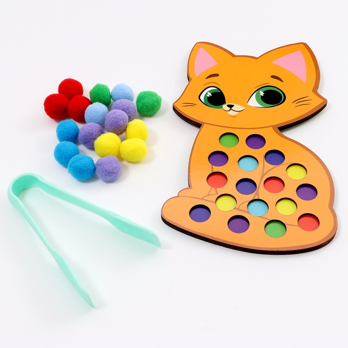 Сортер деревянный &laquo;Котёнок&raquo; с помпонами и пинцетом, 15 х 21 см