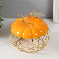 Шкатулка металл, керамика "Тыква с листочком" оранжевая с золотом 14х14х13 см
