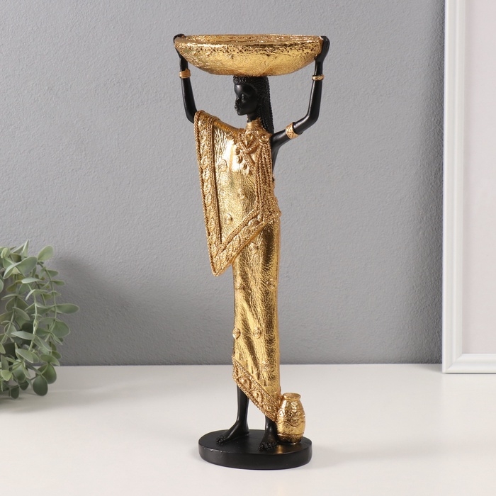 Сувенир полистоун подставка "Африканка Зэмба в золотом одеянии с чашей на голове" 8х15х37 см   10686