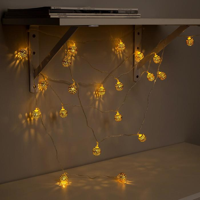 Гирлянда «Нить» 4 м с насадками «Шарик с узором», IP20, прозрачная нить, 20 LED, свечение тёплое белое, 8 режимов, 220 В Гирлянда «Нить» 4 м с насадками «Шарик с узором», IP20, прозрачная нить, 20 LED, свечение тёплое белое, 8 режимов, 220 В