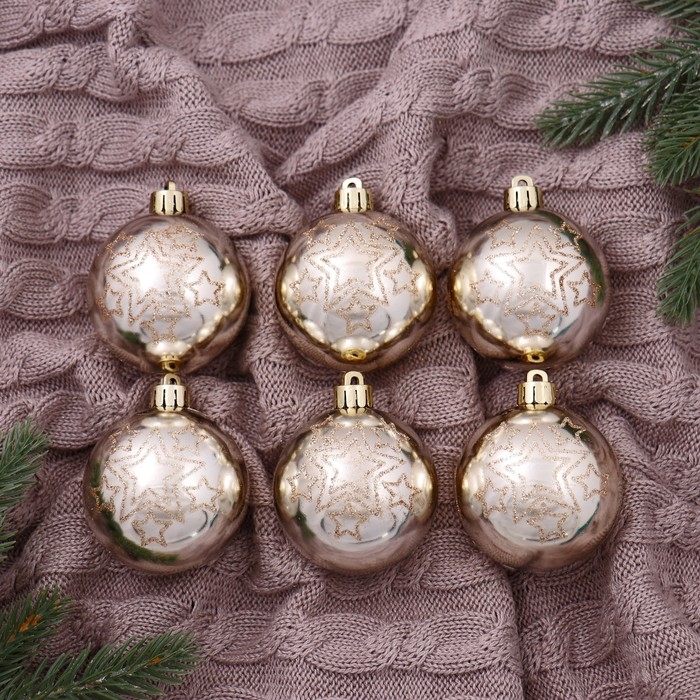 Набор шаров пластик d-6 см, 6 шт Набор шаров пластик d-6 см, 6 шт "Эмили звёзды" золото