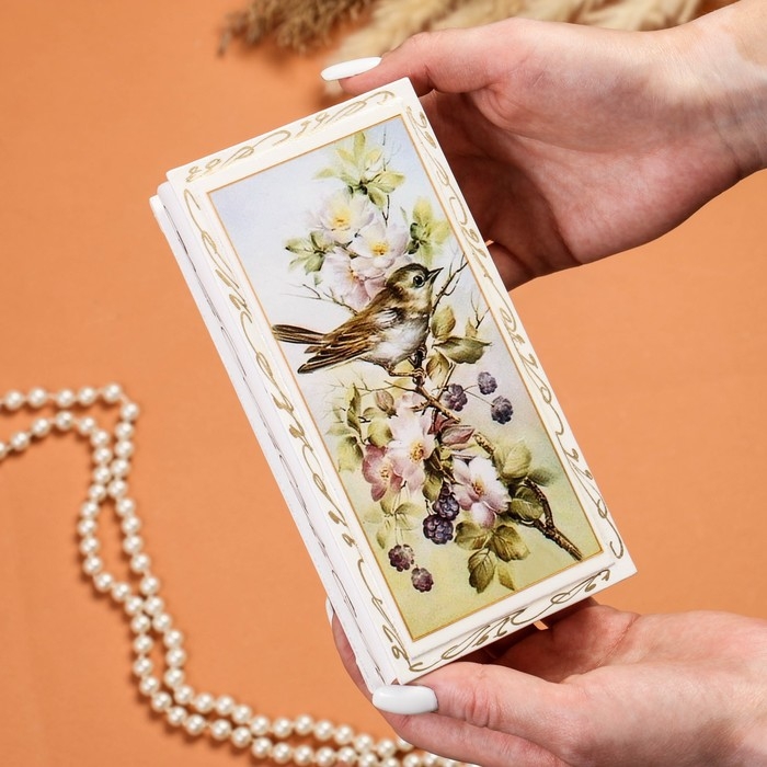 Шкатулка - купюрница «Птица на ветке», белая, 8,5×17 см, лаковая миниатюра Шкатулка - купюрница «Птица на ветке», белая, 8,5×17 см, лаковая миниатюра