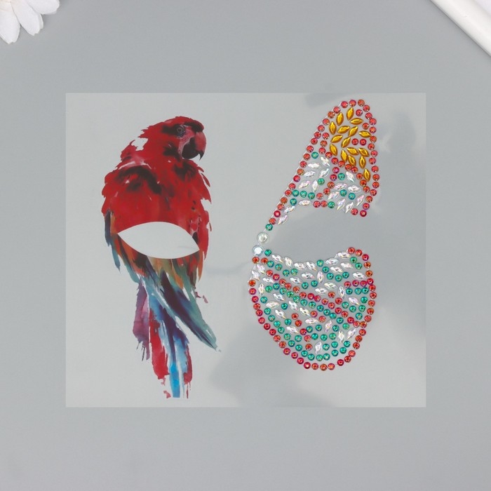 Наклейка пластик стразы "Крыло бабочки и попугай" 16х17 см