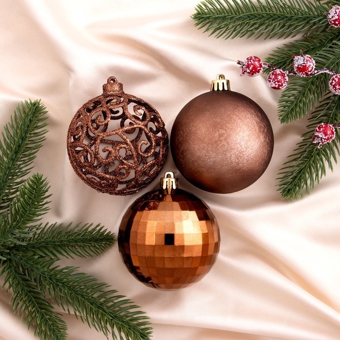 Набор шаров пластик d-8 см, 6 шт "Ажурный перелив" коричневый