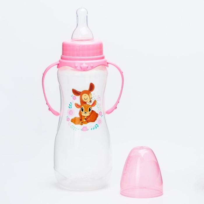 Бутылочка для кормления &laquo;Оленята: мамы и малыши&raquo;, классическое горло, 250 мл., от 0 мес., приталенная, с ручками