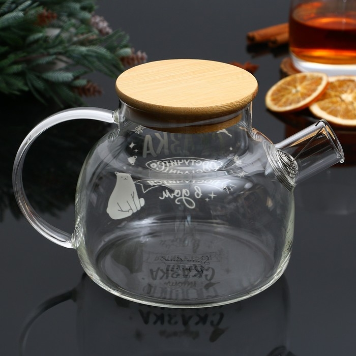 Новый год. Чайник заварочный стеклянный с бамбуковой крышкой &laquo;Сказка&raquo;, 1000 мл