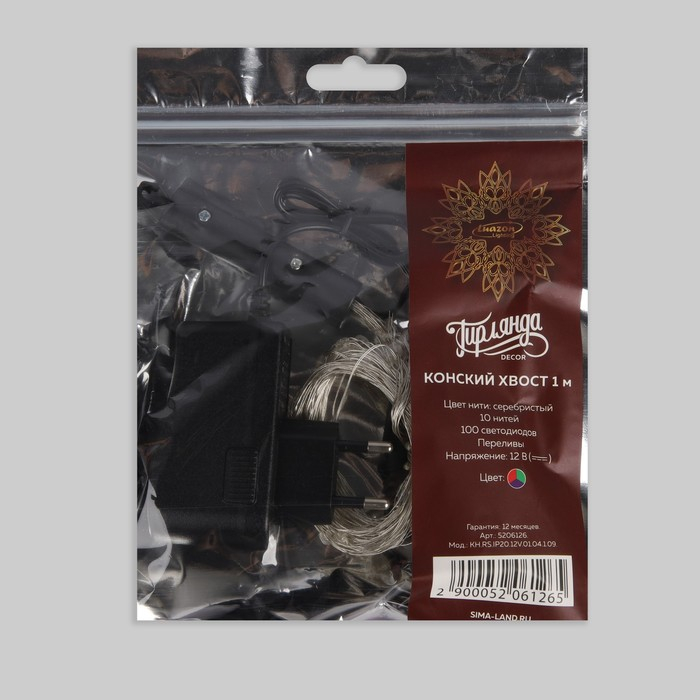 Гирлянда &laquo;Конский хвост&raquo; 10 нитей по 1 м, IP20, серебристая нить, 100 LED, свечение мульти (RGB), переливы, 12 В